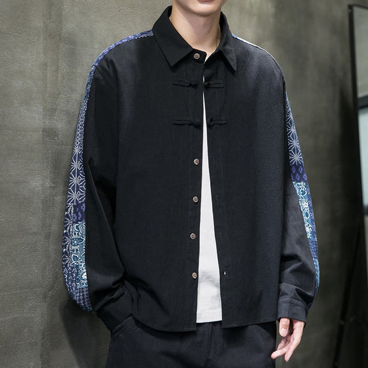 Camisa de manga larga de algodón con estampado floral y costuras de Buddha Stones para hombre - image 7