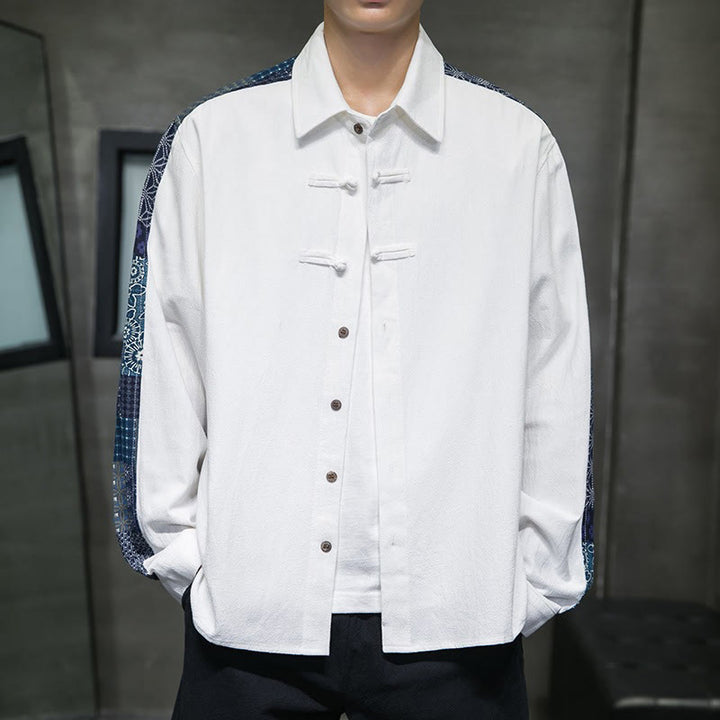 Camisa de manga larga de algodón con estampado floral y costuras de Buddha Stones para hombre - image 12