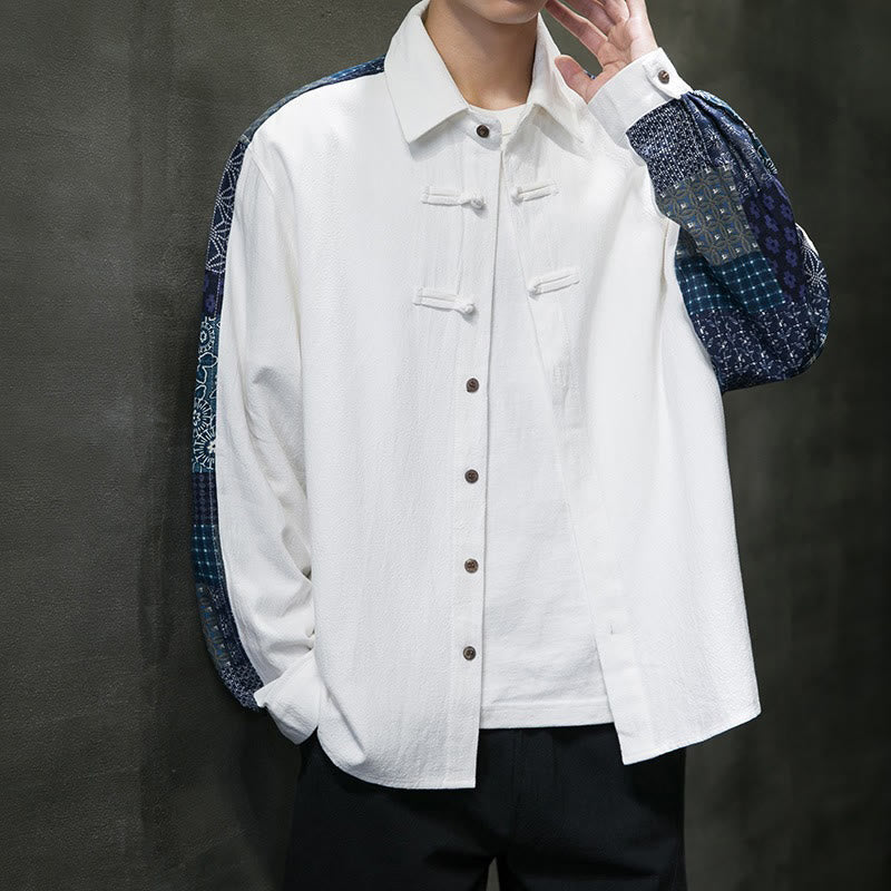 Camisa de manga larga de algodón con estampado floral y costuras de Buddha Stones para hombre - image 15