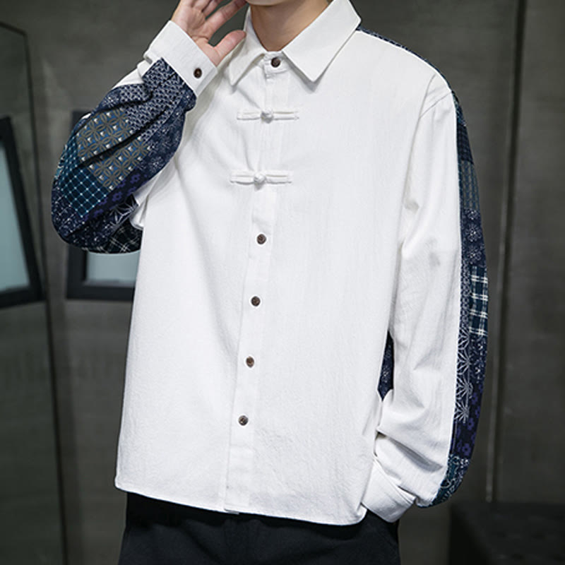 Camisa de manga larga de algodón con estampado floral y costuras de Buddha Stones para hombre - image 16