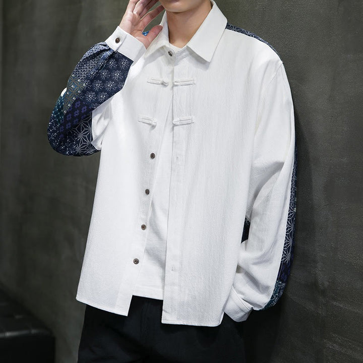 Camisa de manga larga de algodón con estampado floral y costuras de Buddha Stones para hombre - image 10