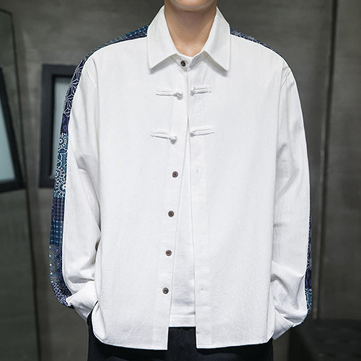 Camisa de manga larga de algodón con estampado floral y costuras de Buddha Stones para hombre - Blanco - US/UK/AU50, UE60 (5XL) - image 9