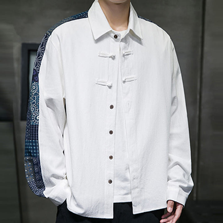 Camisa de manga larga de algodón con estampado floral y costuras de Buddha Stones para hombre - image 14