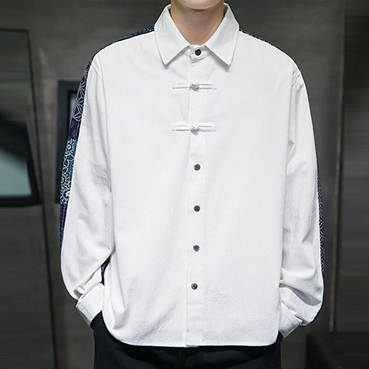 Camisa de manga larga de algodón con estampado floral y costuras de Buddha Stones para hombre - image 13