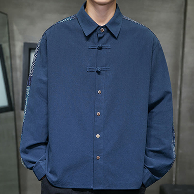 Camisa de manga larga de algodón con estampado floral y costuras de Buddha Stones para hombre - image 18