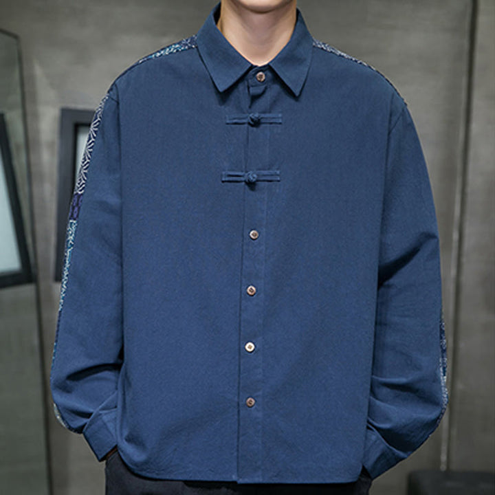 Camisa de manga larga de algodón con estampado floral y costuras de Buddha Stones para hombre - image 18