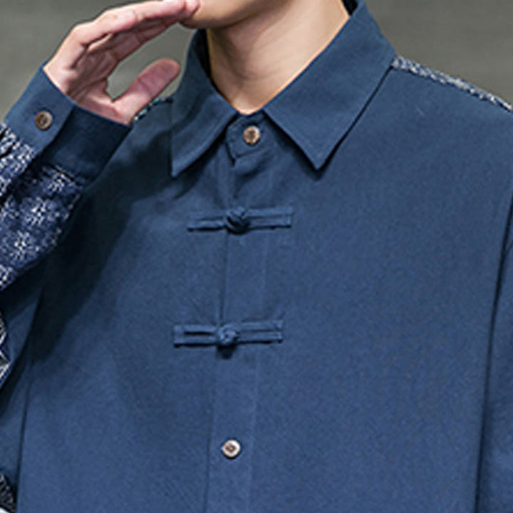 Camisa de manga larga de algodón con estampado floral y costuras de Buddha Stones para hombre - image 22