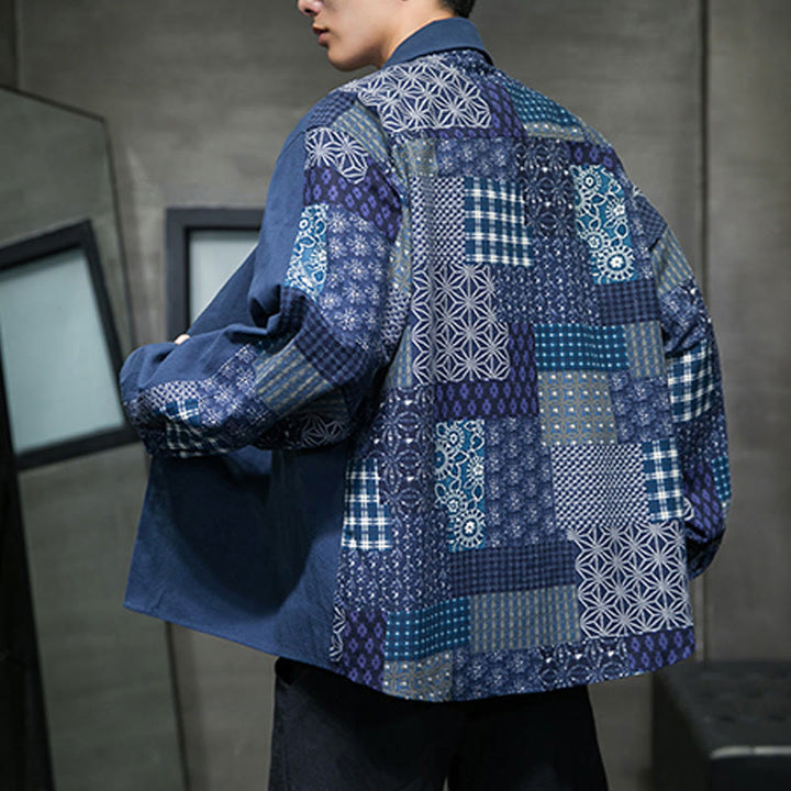 Camisa de manga larga de algodón con estampado floral y costuras de Buddha Stones para hombre - image 19