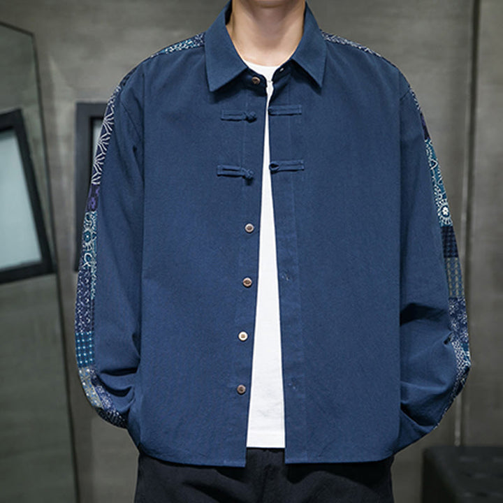 Camisa de manga larga de algodón con estampado floral y costuras de Buddha Stones para hombre - Azul acero - US/UK/AU50, UE60 (5XL) - image 17