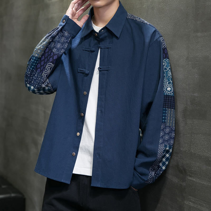 Camisa de manga larga de algodón con estampado floral y costuras de Buddha Stones para hombre - image 21