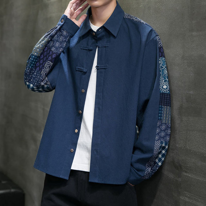 Camisa de manga larga de algodón con estampado floral y costuras de Buddha Stones para hombre - image 21