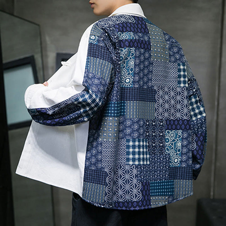 Camisa de manga larga de algodón con estampado floral y costuras de Buddha Stones para hombre - image 11