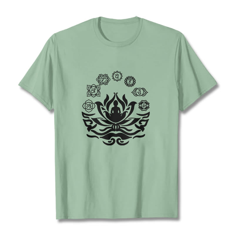 Camiseta con diseño de flor de loto de Buda y mantras sánscritos con símbolo OM de Buddha Stones - Verde pálido - 2XL - image 18