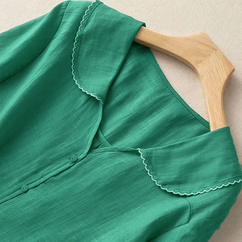 Camisa informal de mujer con cuello alto, manga corta y botones lisos de Buddha Stones - image 3