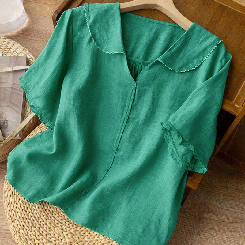 Camisa informal de mujer con cuello alto, manga corta y botones lisos de Buddha Stones - image 1