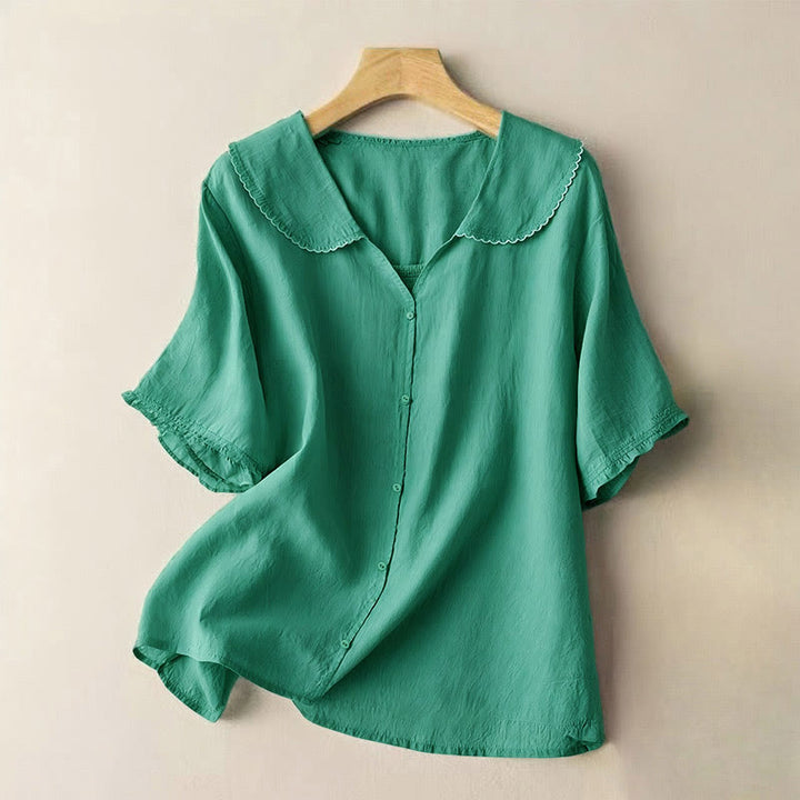 Camisa informal de mujer con cuello alto, manga corta y botones lisos de Buddha Stones - Verdemar - US12, UK/AU16, EU44 (2XL) - image 1