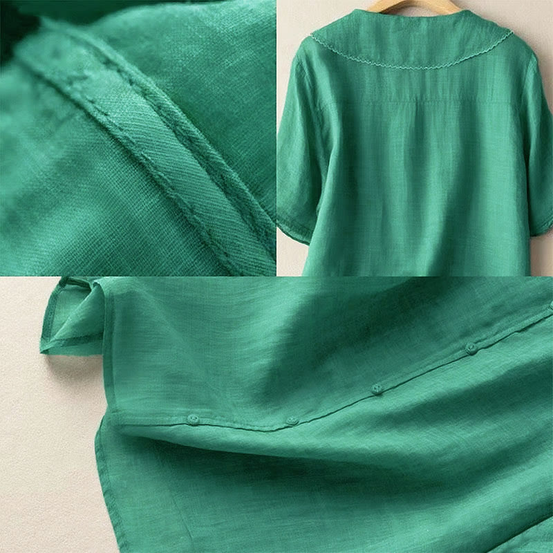 Camisa informal de mujer con cuello alto, manga corta y botones lisos de Buddha Stones - image 4