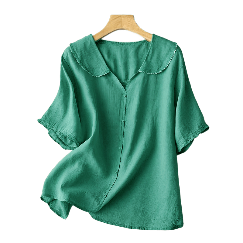 Camisa informal de mujer con cuello alto, manga corta y botones lisos de Buddha Stones - image 4