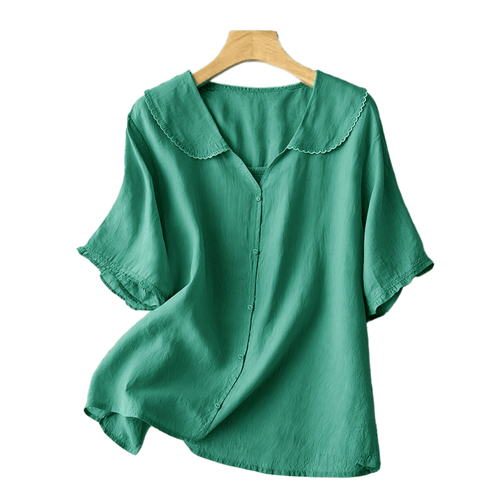Camisa informal de mujer con cuello alto, manga corta y botones lisos de Buddha Stones - image 4