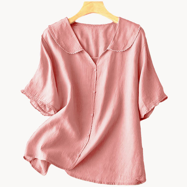 Camisa informal de mujer con cuello alto, manga corta y botones lisos de Buddha Stones - image 25