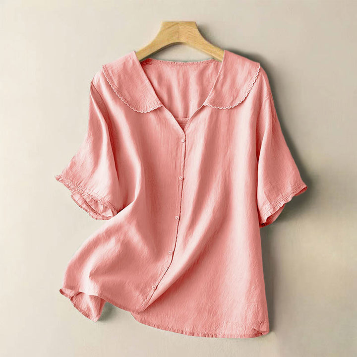 Camisa informal de mujer con cuello alto, manga corta y botones lisos de Buddha Stones - Rosa claro - US12, UK/AU16, EU44 (2XL) - image 23