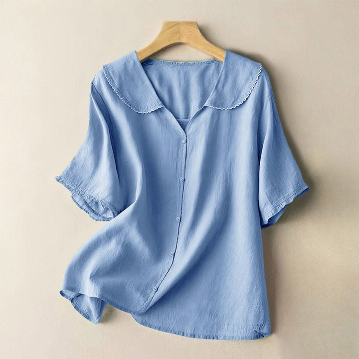 Camisa informal de mujer con cuello alto, manga corta y botones lisos de Buddha Stones - Azul aciano - US12, UK/AU16, EU44 (2XL) - image 11