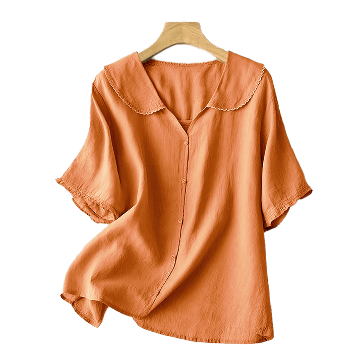 Camisa informal de mujer con cuello alto, manga corta y botones lisos de Buddha Stones - image 11