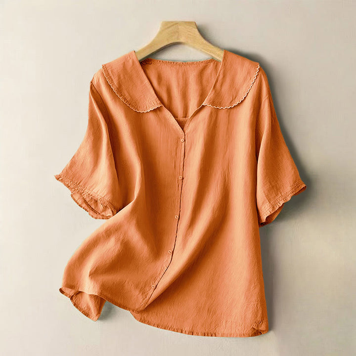 Camisa informal de mujer con cuello alto, manga corta y botones lisos de Buddha Stones - SandyBrown - US12, UK/AU16, EU44 (2XL) - image 6