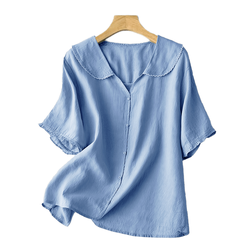Camisa informal de mujer con cuello alto, manga corta y botones lisos de Buddha Stones - image 14