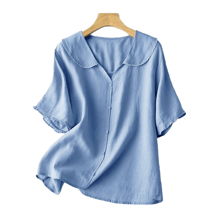 Camisa informal de mujer con cuello alto, manga corta y botones lisos de Buddha Stones - image 14