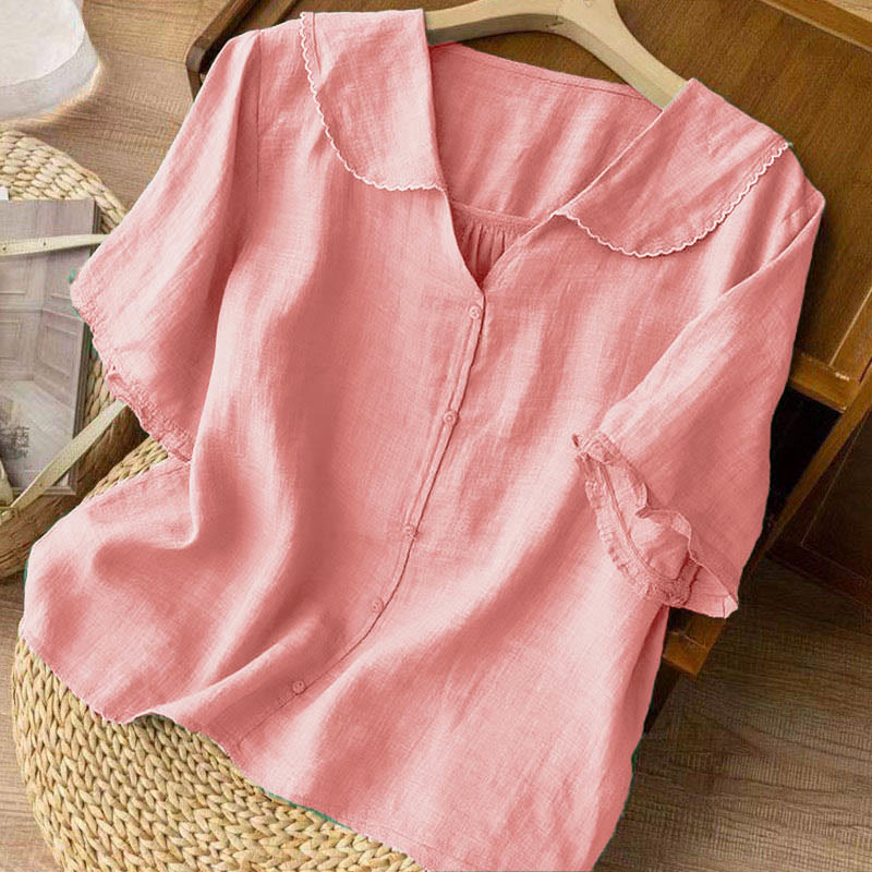 Camisa informal de mujer con cuello alto, manga corta y botones lisos de Buddha Stones - image 23