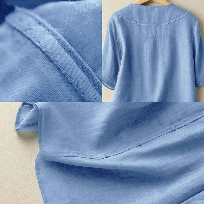 Camisa informal de mujer con cuello alto, manga corta y botones lisos de Buddha Stones - image 14