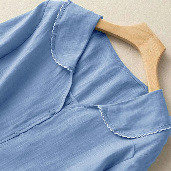 Camisa informal de mujer con cuello alto, manga corta y botones lisos de Buddha Stones - image 13