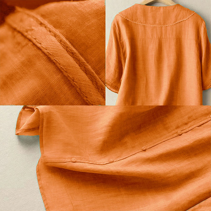 Camisa informal de mujer con cuello alto, manga corta y botones lisos de Buddha Stones - image 8