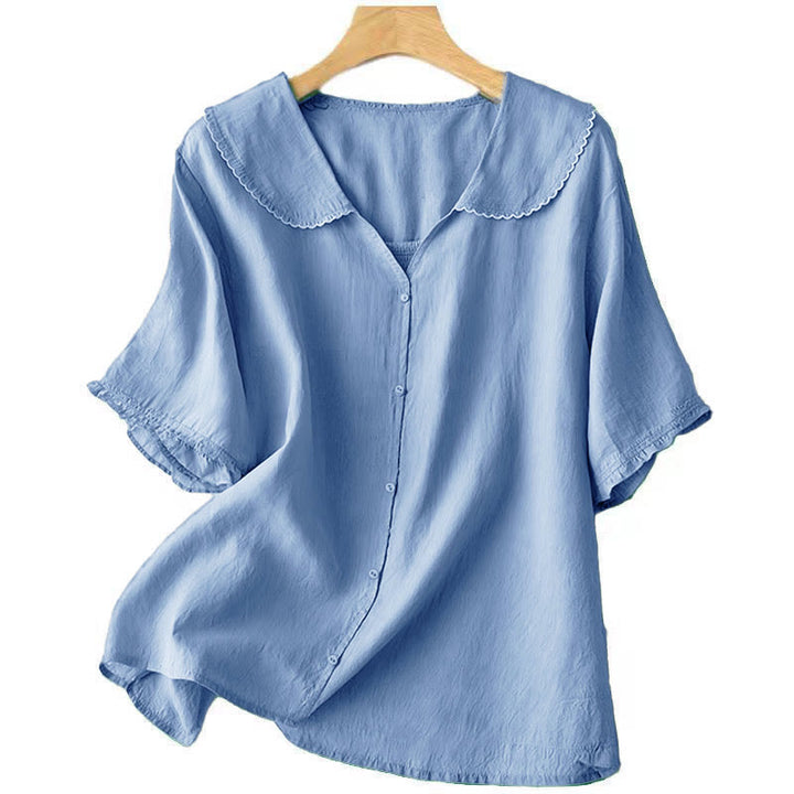 Camisa informal de mujer con cuello alto, manga corta y botones lisos de Buddha Stones - image 17