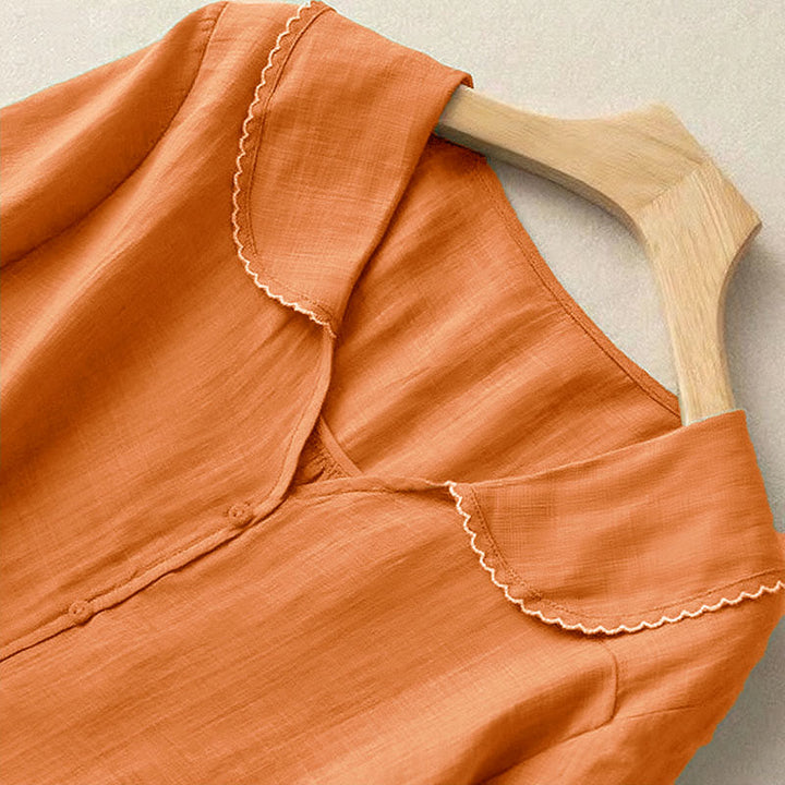 Camisa informal de mujer con cuello alto, manga corta y botones lisos de Buddha Stones - image 9