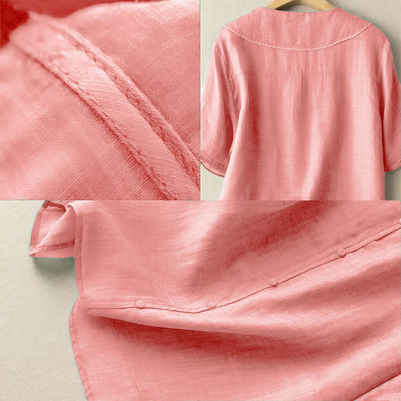 Camisa informal de mujer con cuello alto, manga corta y botones lisos de Buddha Stones - image 26