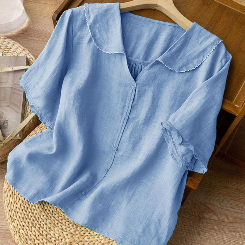 Camisa informal de mujer con cuello alto, manga corta y botones lisos de Buddha Stones - image 15