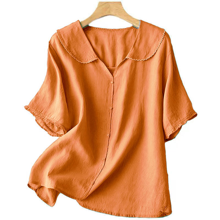 Camisa informal de mujer con cuello alto, manga corta y botones lisos de Buddha Stones - image 7