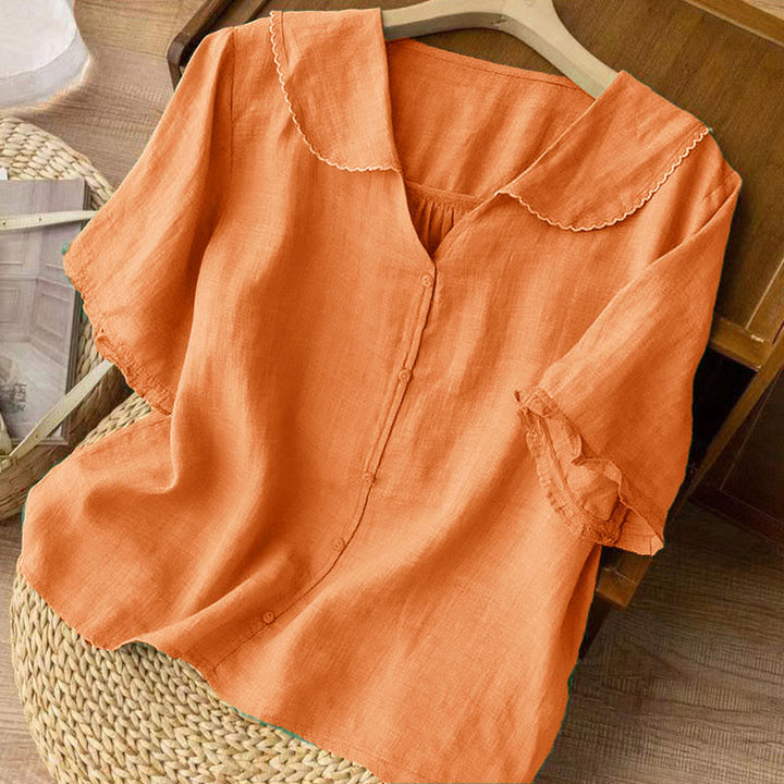 Camisa informal de mujer con cuello alto, manga corta y botones lisos de Buddha Stones - image 9