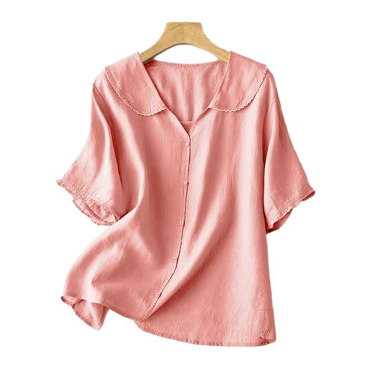 Camisa informal de mujer con cuello alto, manga corta y botones lisos de Buddha Stones - image 28