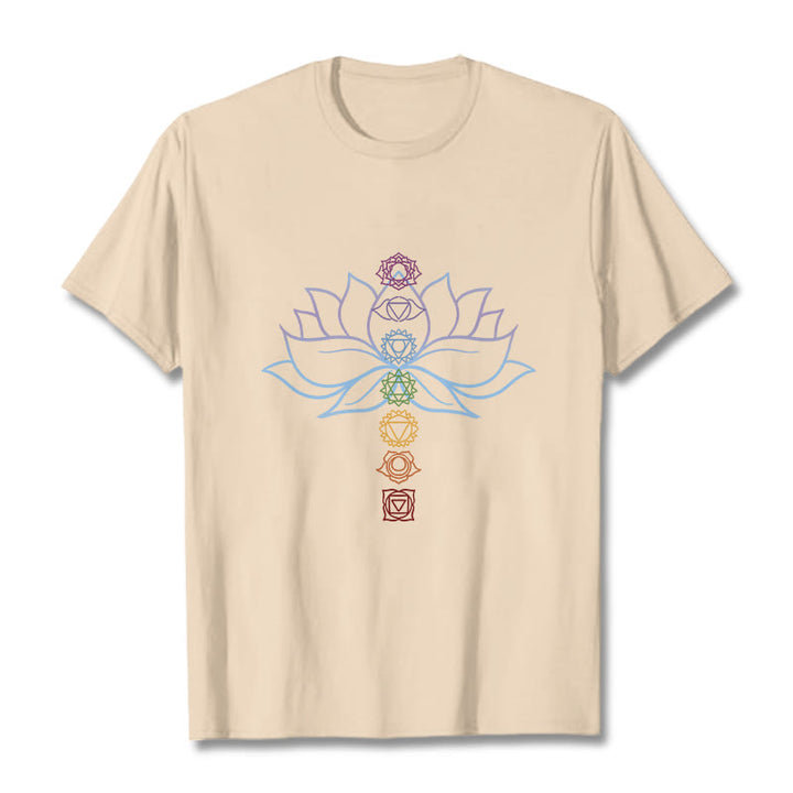 Camiseta de algodón con Buddha Stones, tonos pastel, flor de loto, símbolos de los chakras y meditación. - Sopa de mariscos - 2XL - image 9