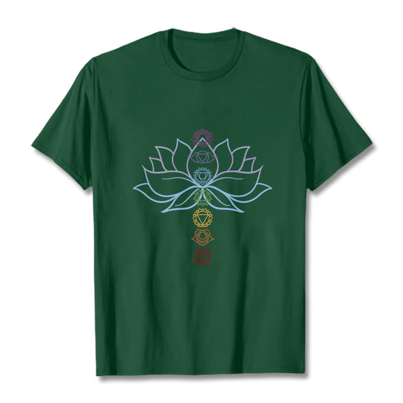Camiseta de algodón con Buddha Stones, tonos pastel, flor de loto, símbolos de los chakras y meditación. - Verde bosque - 2XL - image 11