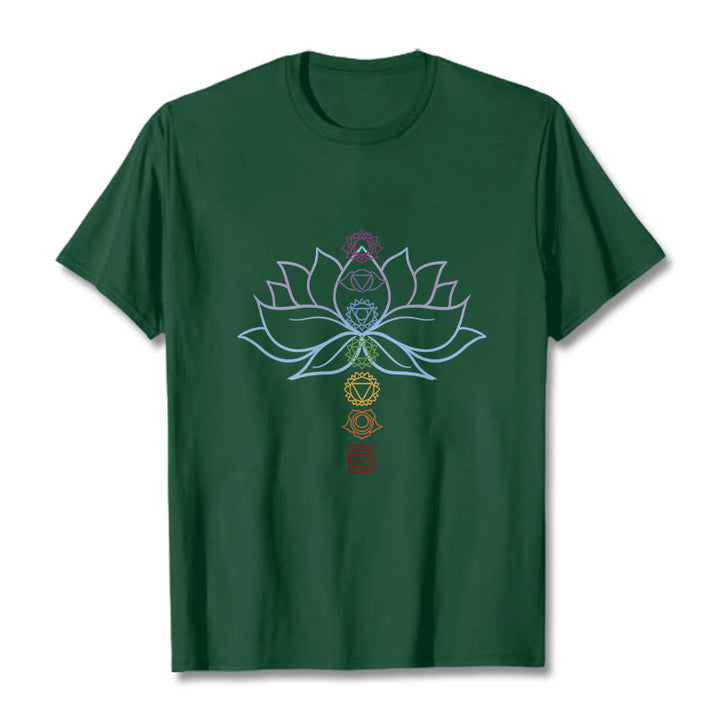 Camiseta de algodón con Buddha Stones, tonos pastel, flor de loto, símbolos de los chakras y meditación. - Verde bosque - 2XL - image 11