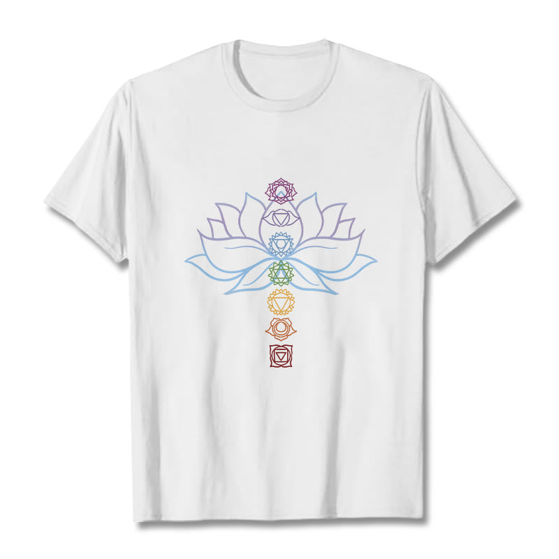 Camiseta de algodón con Buddha Stones, tonos pastel, flor de loto, símbolos de los chakras y meditación. - Blanco - 2XL - image 1