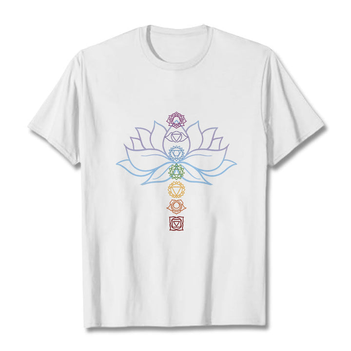 Camiseta de algodón con Buddha Stones, tonos pastel, flor de loto, símbolos de los chakras y meditación. - Blanco - 2XL - image 0