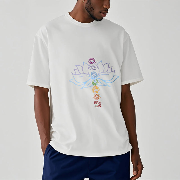 Camiseta de algodón con Buddha Stones, tonos pastel, flor de loto, símbolos de los chakras y meditación. - image 1