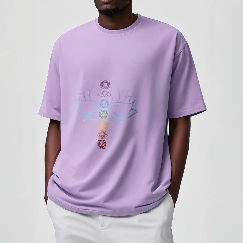 Camiseta de algodón con Buddha Stones, tonos pastel, flor de loto, símbolos de los chakras y meditación. - image 17