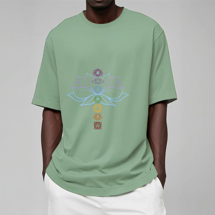 Camiseta de algodón con Buddha Stones, tonos pastel, flor de loto, símbolos de los chakras y meditación. - image 16
