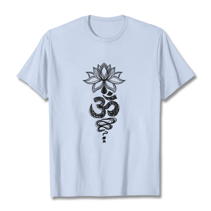Camiseta de algodón con estampado de flor de loto en sánscrito y Buddha Stones para meditación - Cian claro - 2XL - image 19